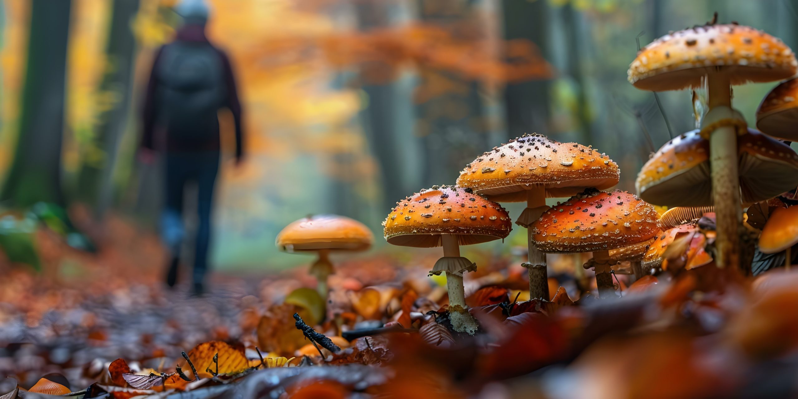 individual strolling in a woodland filled with mushrooms. concept enchanted forest, mushroom walk, nature portrait, solo adventure, woodland exploration